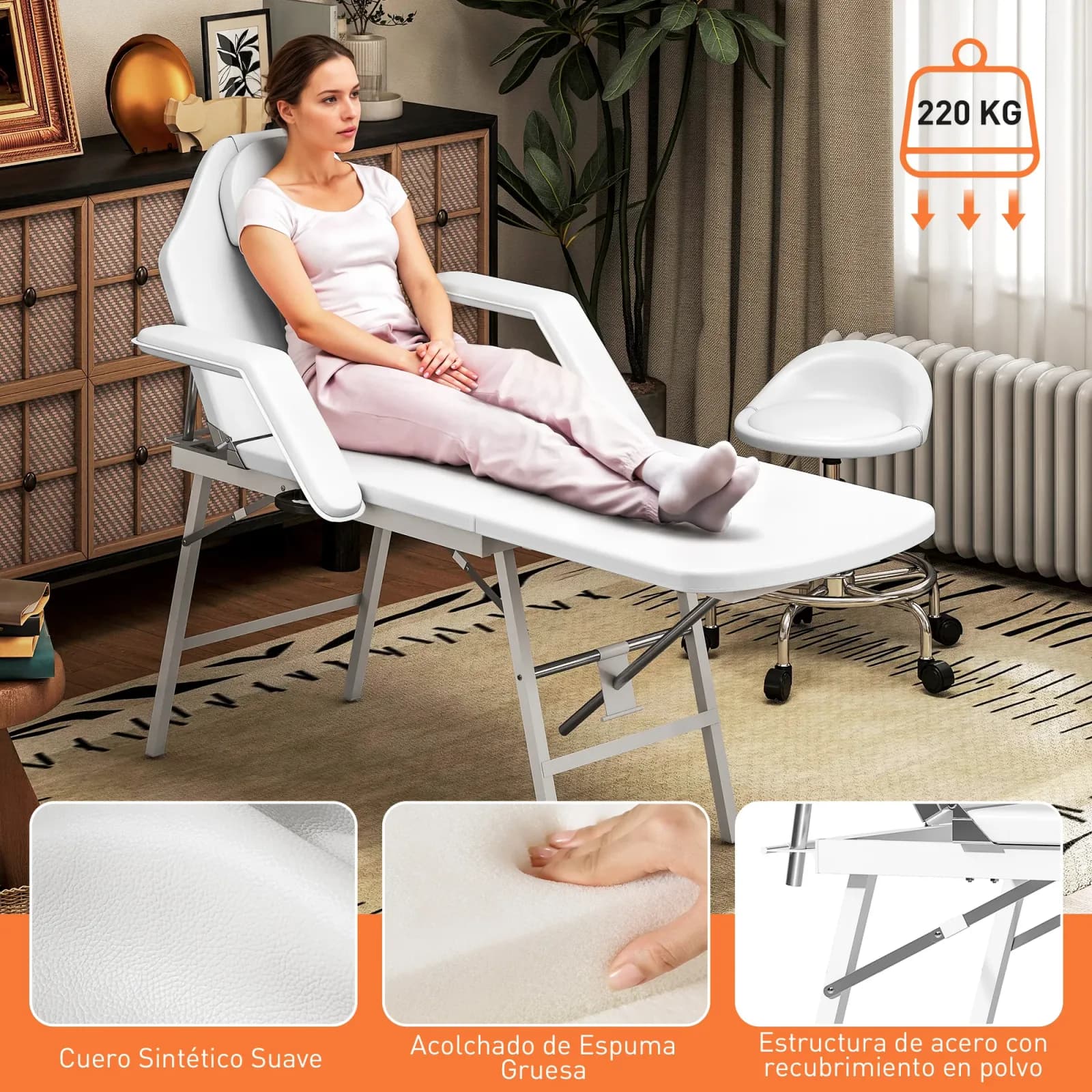 HOMCOM Table de massage pliable portable 3 zones avec dossier réglable, appui-tête et accoudoirs 182x82x68 cm Blanc – photo 5