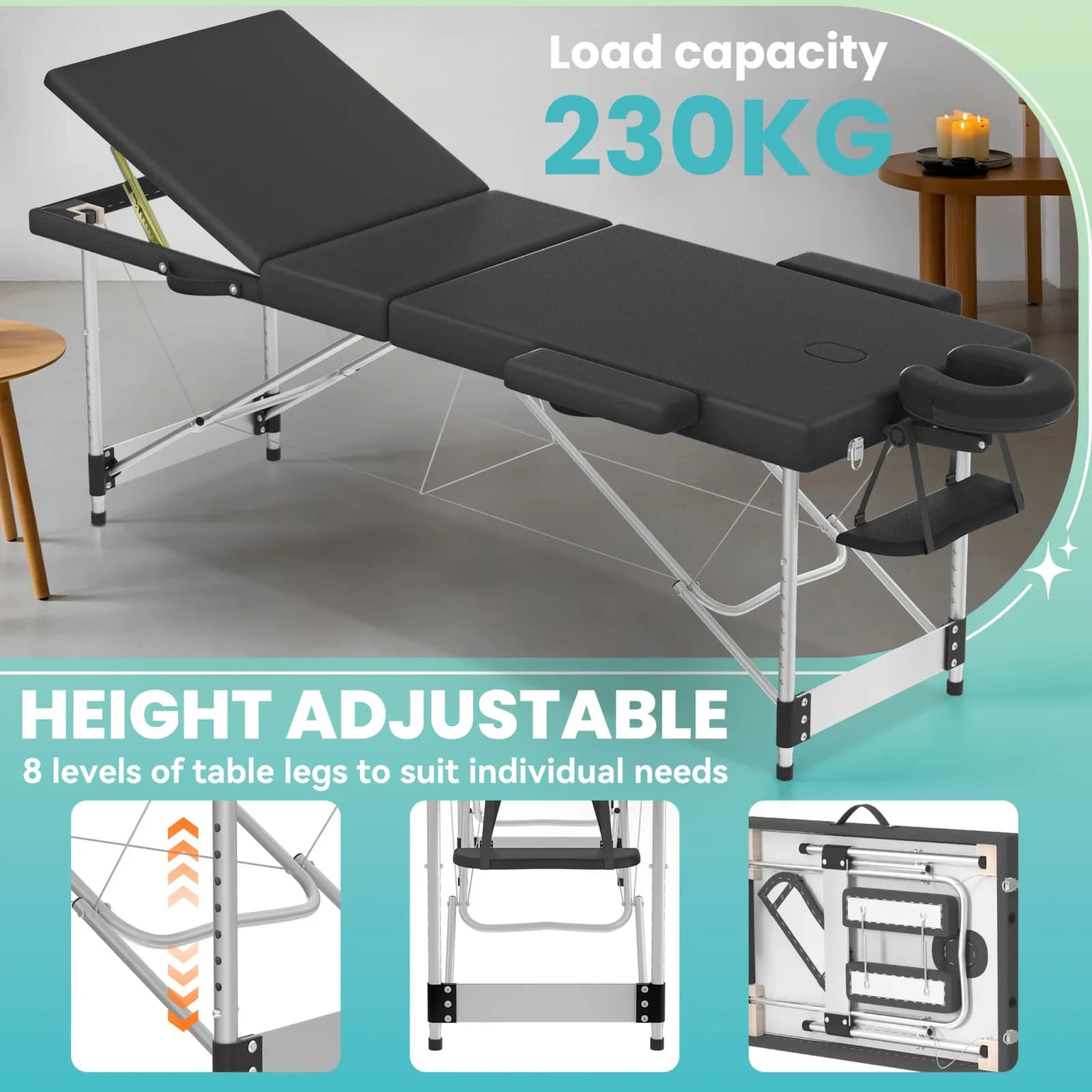 Table de massage pliante avec accoudoirs et appui-tête, table de massage portable réglable en hauteur de 62 à 83 cm, cadre en aluminium léger, capacité de charge de 230 kg, lit de salon mobile pour thérapie, spa, massage et soins de beauté à domicile – photo 3