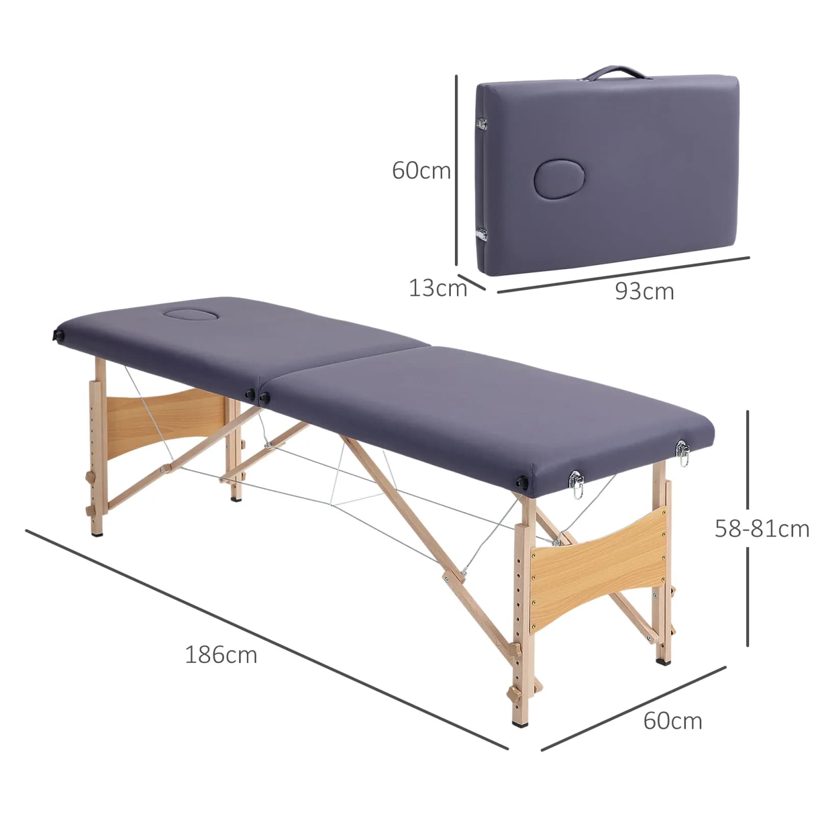 Table de massage pliante Homcom avec appui-tête, dimensions 186 x 60 x 58-81 cm, couleur violette. – photo 3