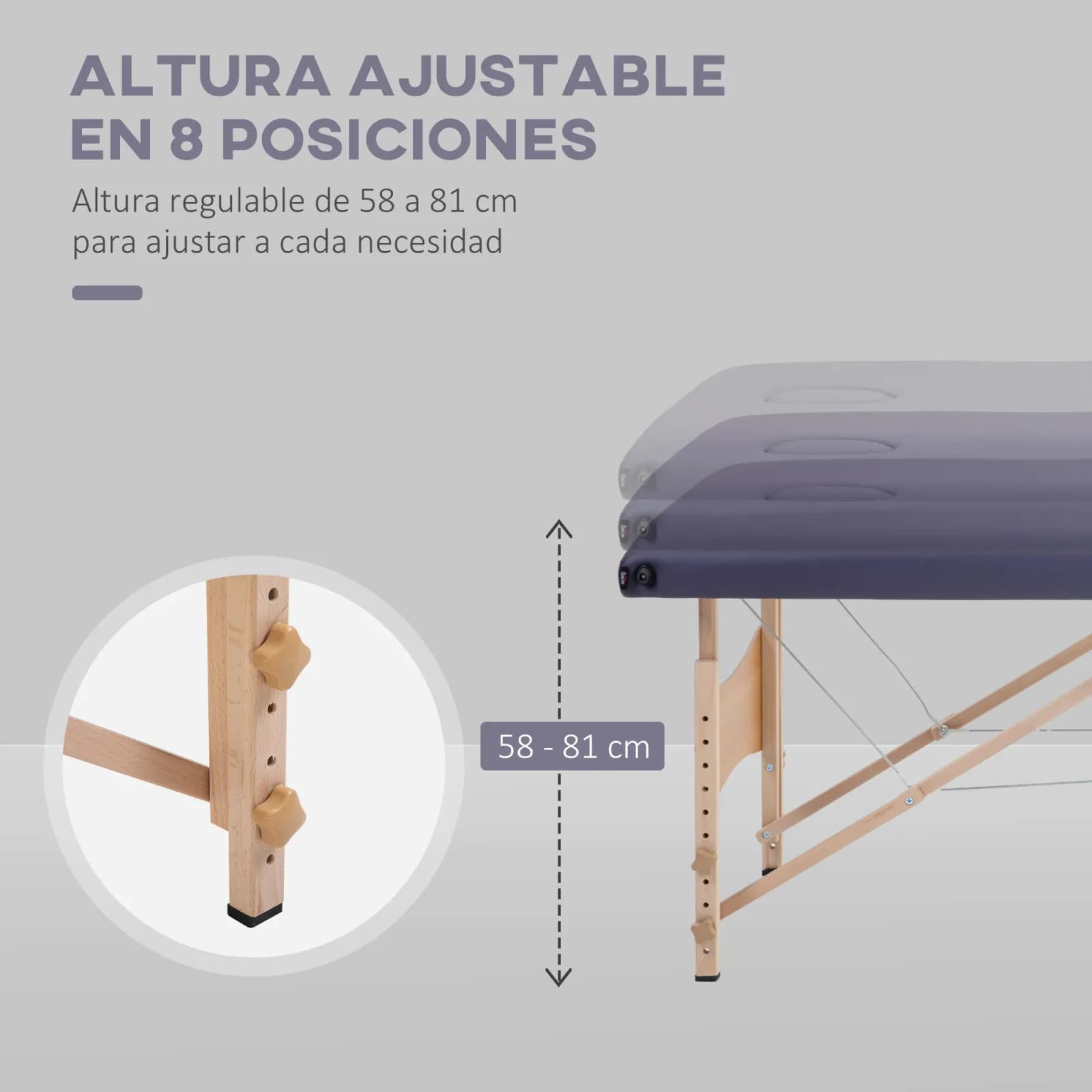 Table de massage pliante Homcom avec appui-tête, dimensions 186 x 60 x 58-81 cm, couleur violette. – photo 4
