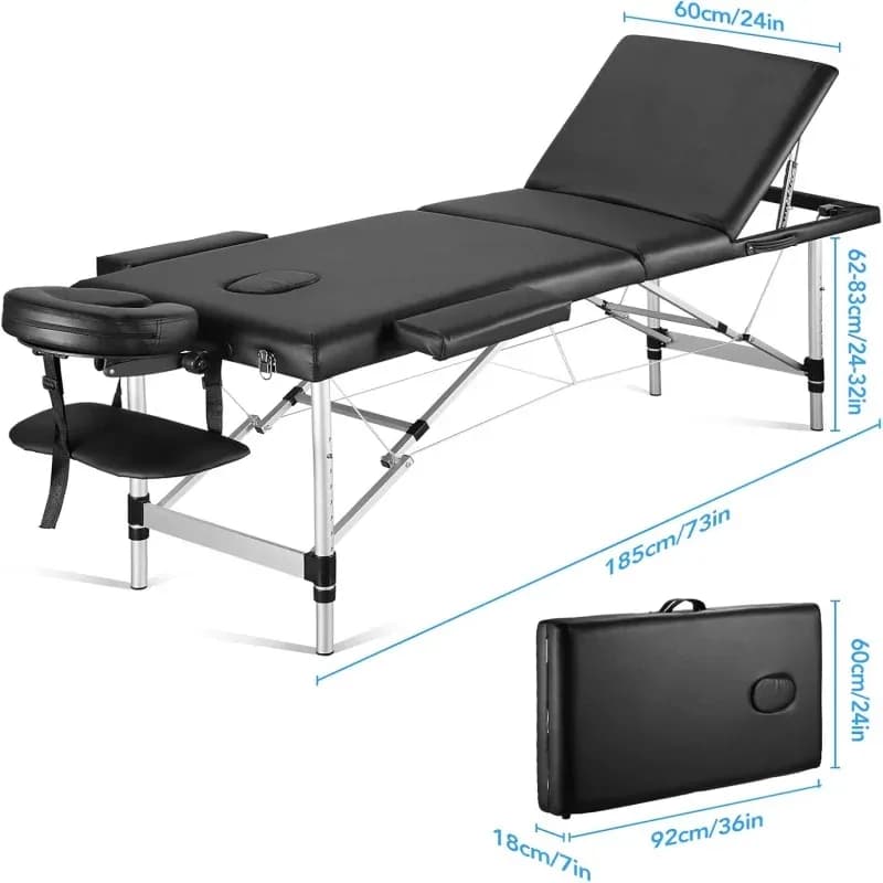 Table de massage mobile 3 zones, lit de massage, table de massage de 60 cm de large, hauteur réglable, pieds en aluminium avec appui-tête et sac de transport, charge maximale 250 kg – photo 2