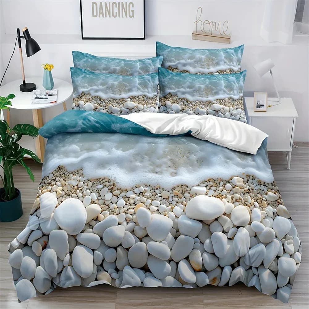Parure de lit Oasis en bord de mer, ensemble de literie doux, respirant et confortable, inspiré de la plage, imprimé sable et eau de mer