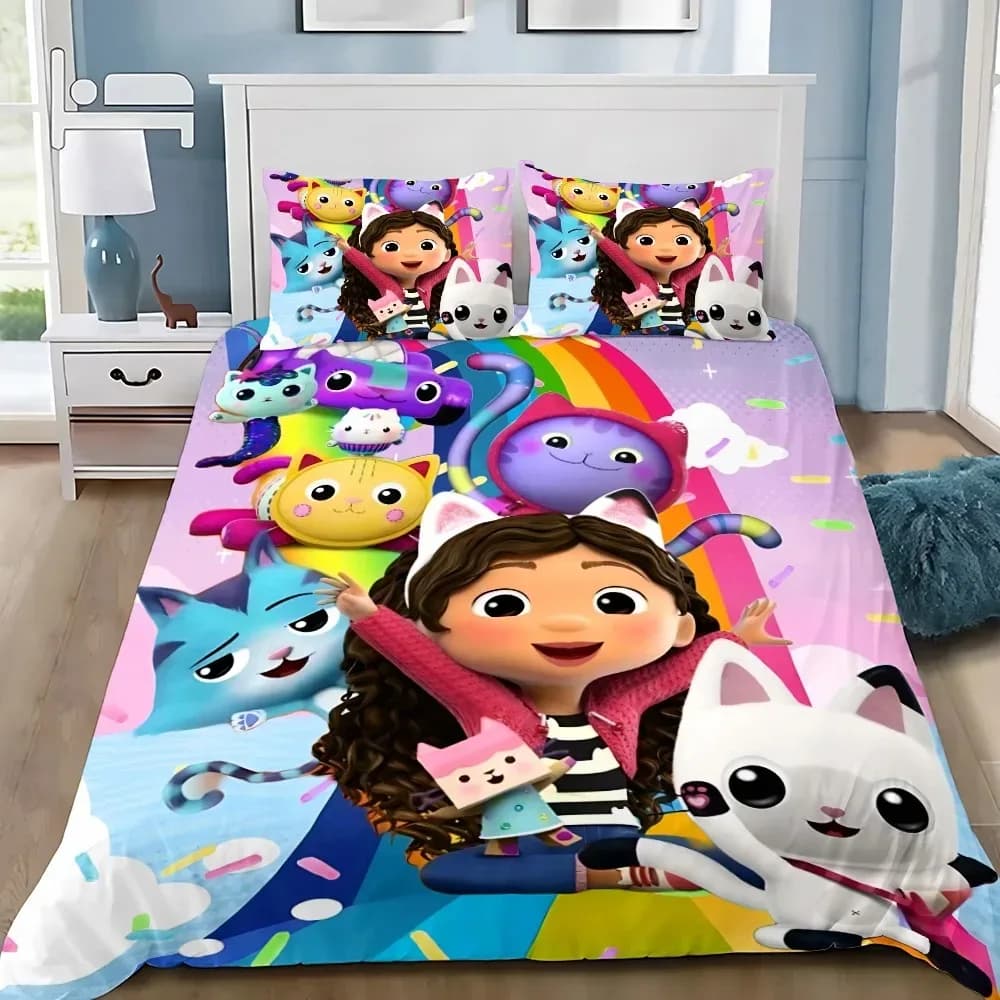 Parure de lit dessin animé Gabby's Dollhouse – Housse de couette et taies d'oreiller pour chambre d'enfant, adulte, garçon ou fille – Décoration de chambre simple ou double – photo 2