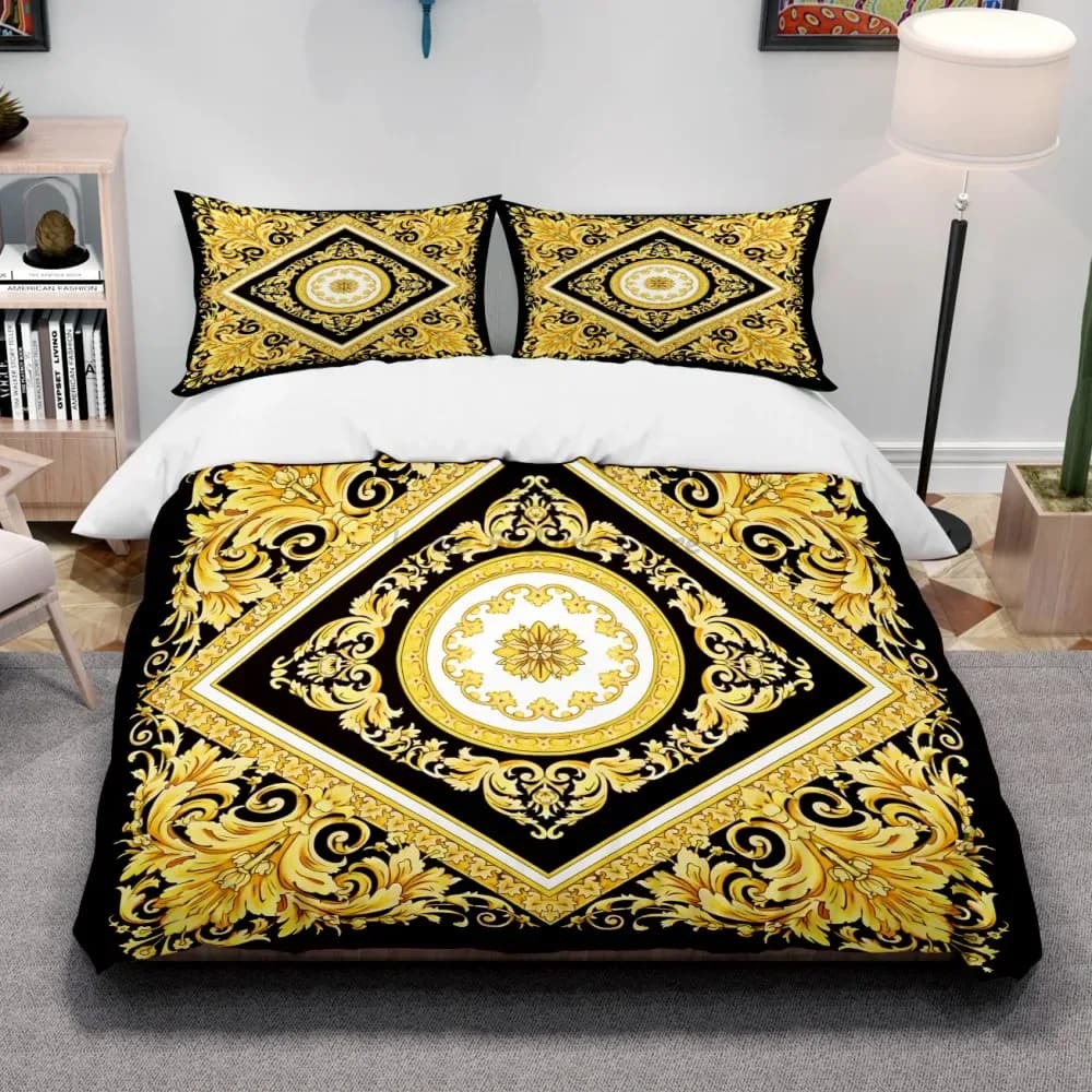 Parure de lit en tissu de coton imprimé numérique, Style moderne doré de luxe, housse de couette, drap-housse en lin, taies d'oreiller, Textile de maison – photo 2