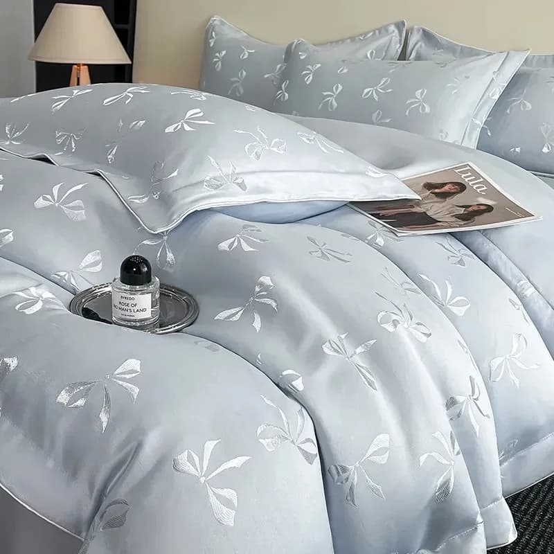 Parure 4 pièces en Tencel jacquard lavé, housse de couette en soie glacée effet papillon pour dormir nu, parure de lit 3 pièces haut de gamme – photo 3