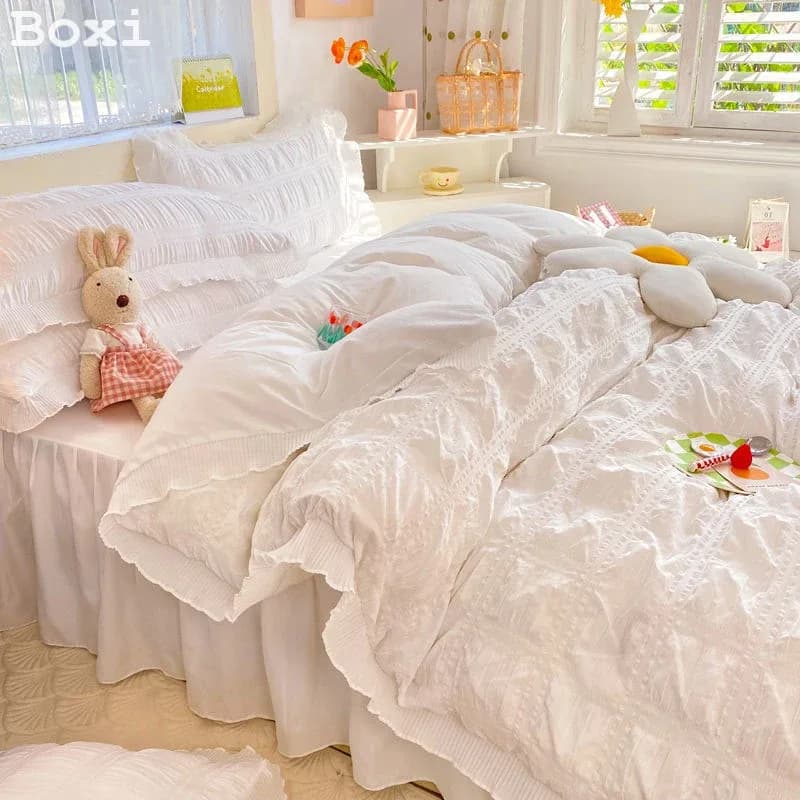 Parure de lit Seersucker Style princesse pour femmes, ensemble de literie en coton, couleur unie, jupe à volants, drap, housse de couette King Queen – photo 4