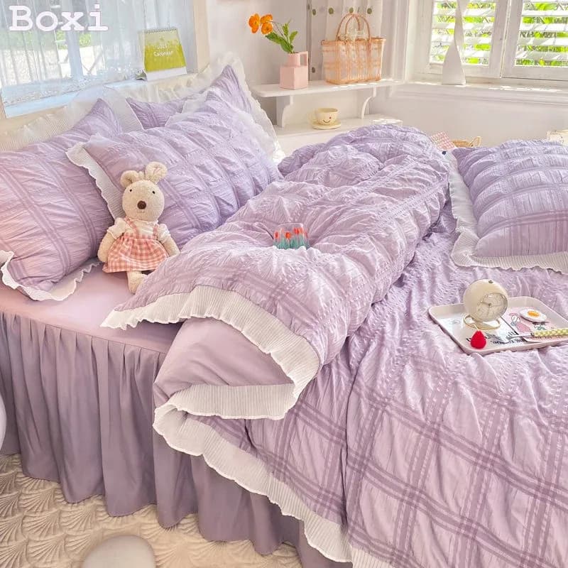 Parure de lit Seersucker Style princesse pour femmes, ensemble de literie en coton, couleur unie, jupe à volants, drap, housse de couette King Queen – photo 5
