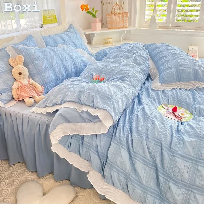 Parure de lit Seersucker Style princesse pour femmes, ensemble de literie en coton, couleur unie, jupe à volants, drap, housse de couette King Queen – photo 6