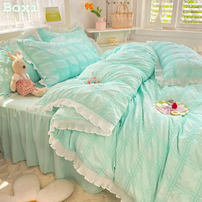 Parure de lit Seersucker Style princesse pour femmes, ensemble de literie en coton, couleur unie, jupe à volants, drap, housse de couette King Queen – photo 3
