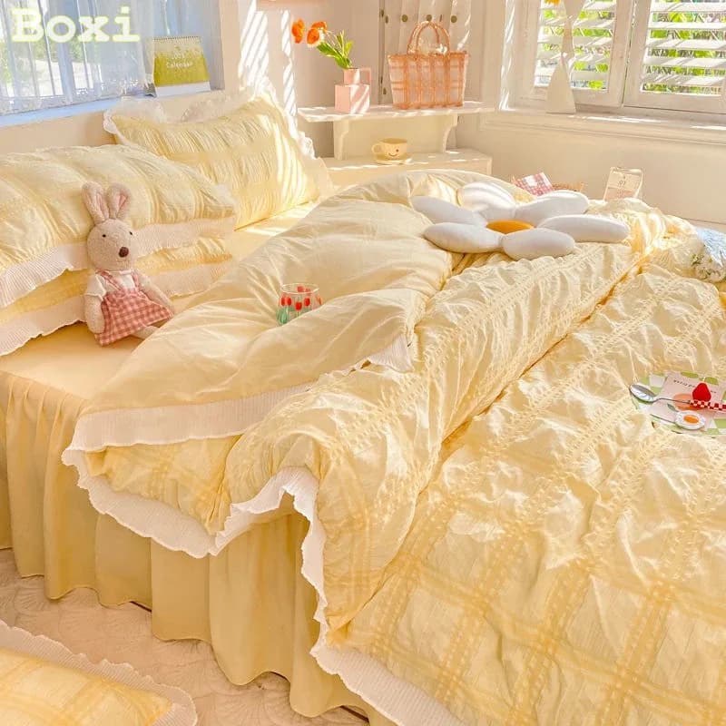 Parure de lit Seersucker Style princesse pour femmes, ensemble de literie en coton, couleur unie, jupe à volants, drap, housse de couette King Queen – photo 2