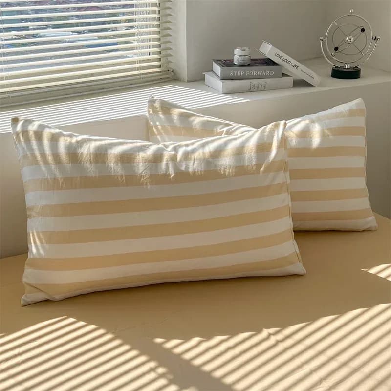 Ensemble de couette rayée en crêpe Double fil de coton lavé, taie d'oreiller 3-4 avec drap, housse de literie, fournitures 200x230 220x240, respectueuses de la peau – photo 3