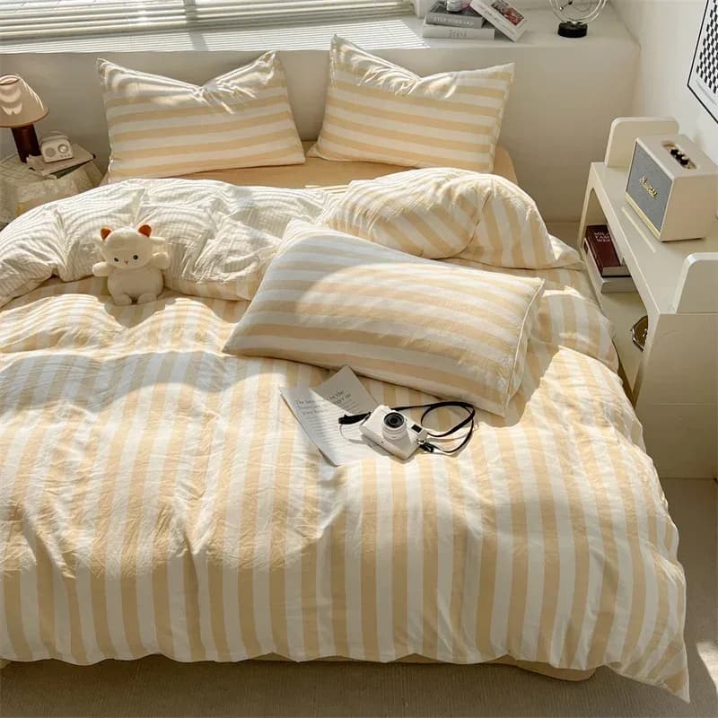 Ensemble de couette rayée en crêpe Double fil de coton lavé, taie d'oreiller 3-4 avec drap, housse de literie, fournitures 200x230 220x240, respectueuses de la peau – photo 2