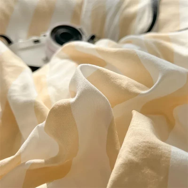 Ensemble de couette rayée en crêpe Double fil de coton lavé, taie d'oreiller 3-4 avec drap, housse de literie, fournitures 200x230 220x240, respectueuses de la peau – photo 5