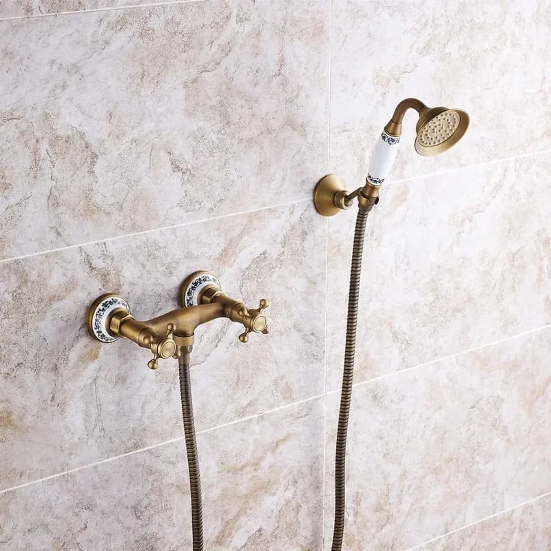 Robinets de douche rétro en laiton Antique, robinets de baignoire en céramique, douche de pluie, salle de bains à main, mitigeur de douche mural sanitaire – photo 3