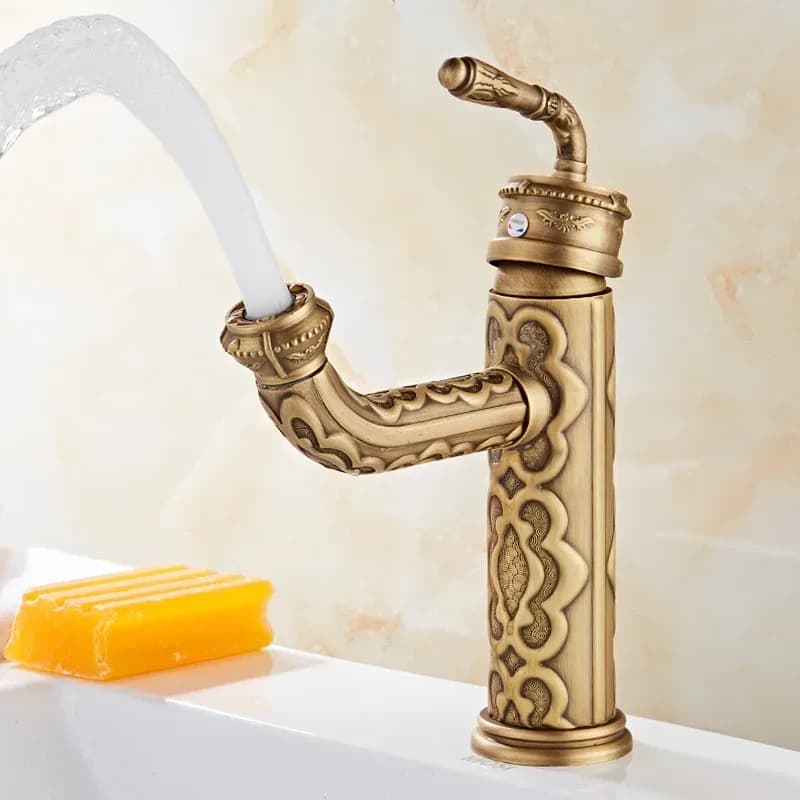 Robinet de lavabo en laiton massif, style vintage antique, mitigeur d'eau chaude et froide à poignée unique avec bec pivotant à 360 degrés – photo 5