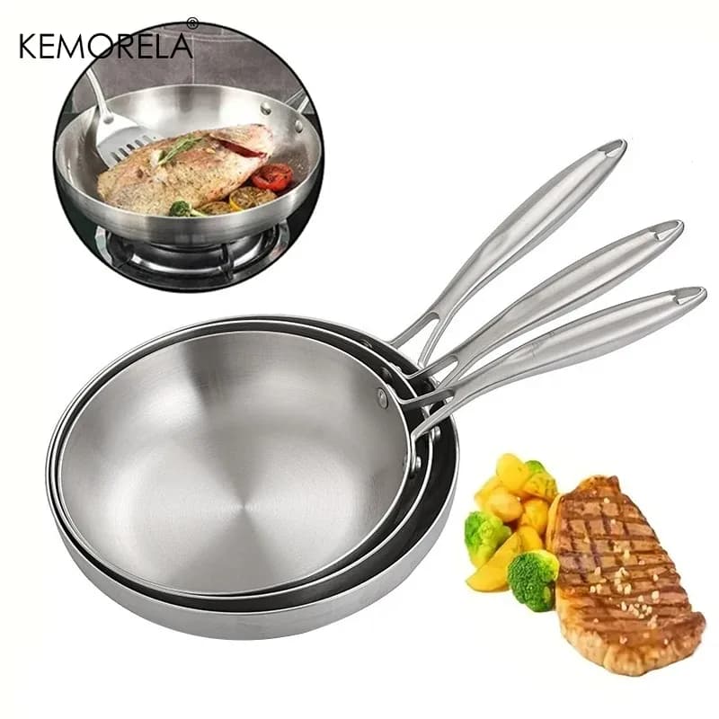 2/3 pièces poêle 22/24/26/28CM 304 acier inoxydable 2MM d'épaisseur Wok poêle 5 plis en acier de qualité alimentaire poêles antiadhésives pour marmite – photo 4