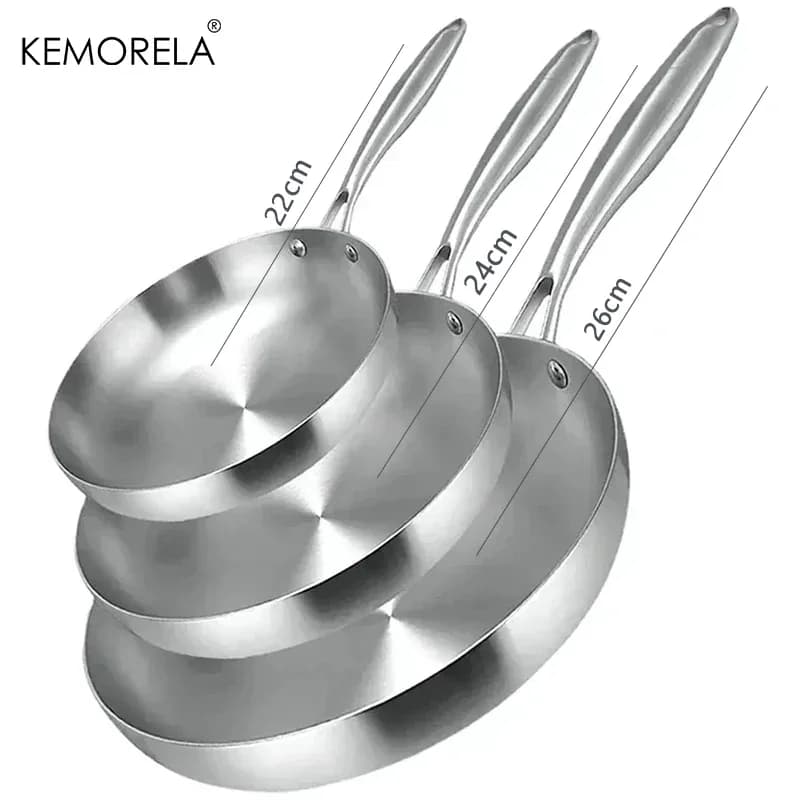 2/3 pièces poêle 22/24/26/28CM 304 acier inoxydable 2MM d'épaisseur Wok poêle 5 plis en acier de qualité alimentaire poêles antiadhésives pour marmite – photo 6