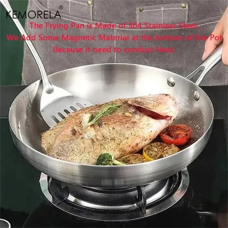 2/3 pièces poêle 22/24/26/28CM 304 acier inoxydable 2MM d'épaisseur Wok poêle 5 plis en acier de qualité alimentaire poêles antiadhésives pour marmite – photo 2