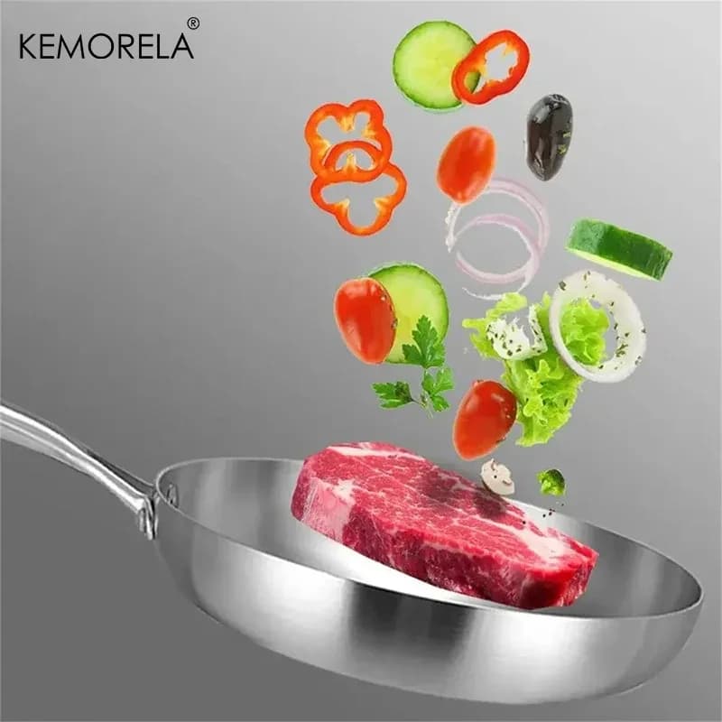 2/3 pièces poêle 22/24/26/28CM 304 acier inoxydable 2MM d'épaisseur Wok poêle 5 plis en acier de qualité alimentaire poêles antiadhésives pour marmite – photo 5