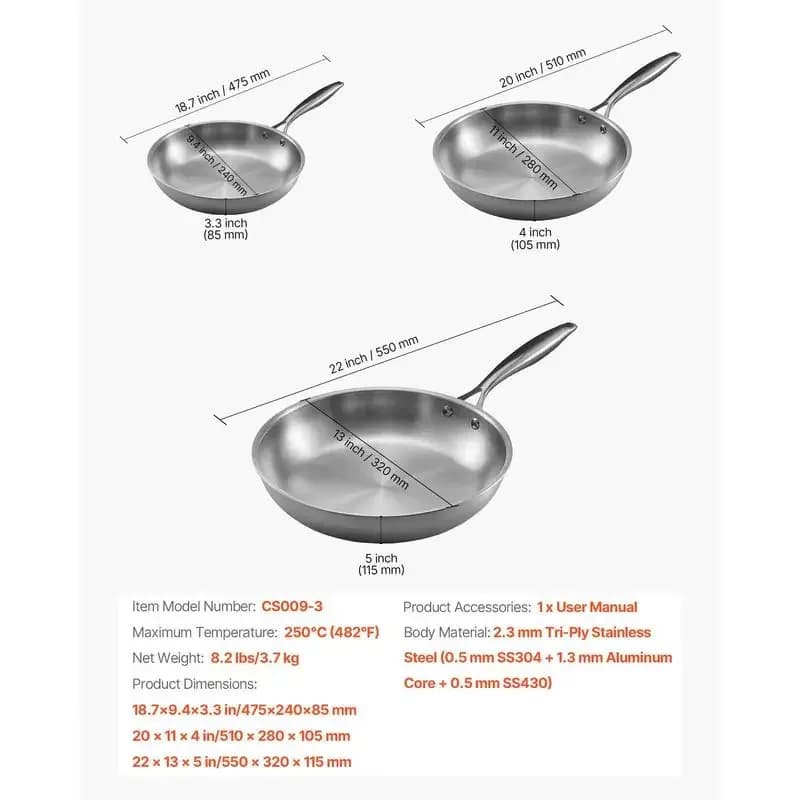 Ensemble de poêles à frire (24/28/32 cm), poêles à frire haute performance en acier inoxydable avec poignée résistante à la chaleur, ustensiles de cuisine adaptés au gaz, à l'électrique, à l'induction, couleur argent – photo 6