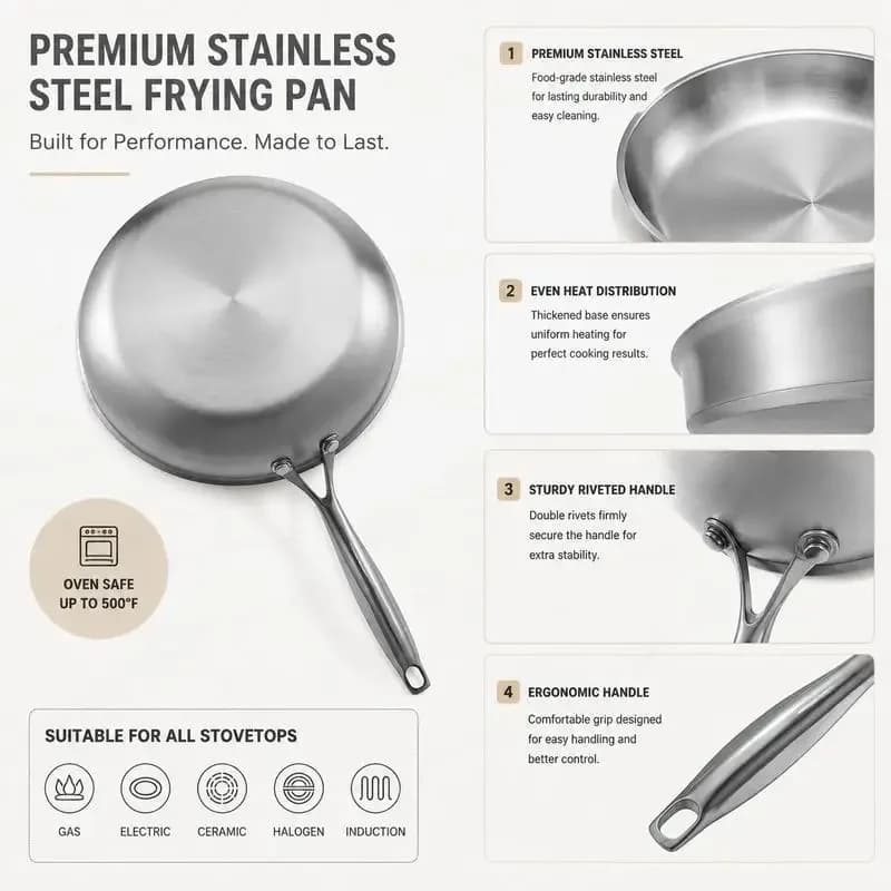Ensemble de poêles à frire (24/28/32 cm), poêles à frire haute performance en acier inoxydable avec poignée résistante à la chaleur, ustensiles de cuisine adaptés au gaz, à l'électrique, à l'induction, couleur argent – photo 3
