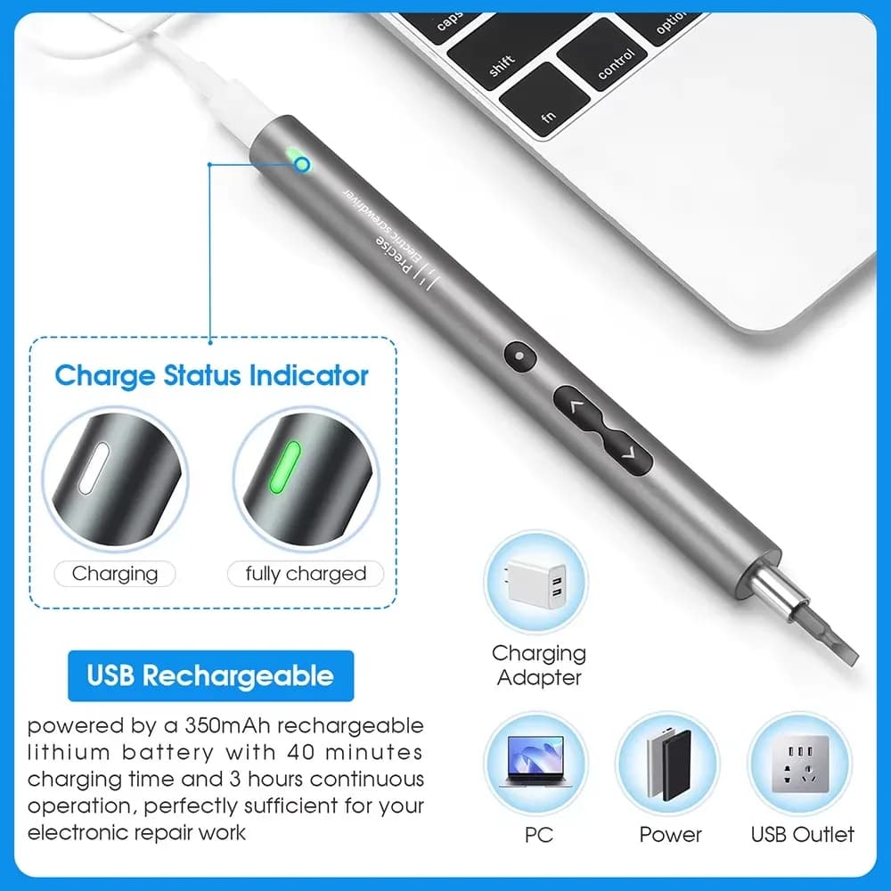 Kit de tournevis électrique de précision 62 en 1, sans fil, rechargeable, mini-outil électrique, embouts magnétiques sans fil, outil de réparation portable pour téléphone, ordinateur portable, PC, appareil photo, montre, bricolage, batterie au lithium 350 mAh, 200 tr/min, lumière LED, poignée en alliage d'aluminium, kit d'entretien électronique – photo 3