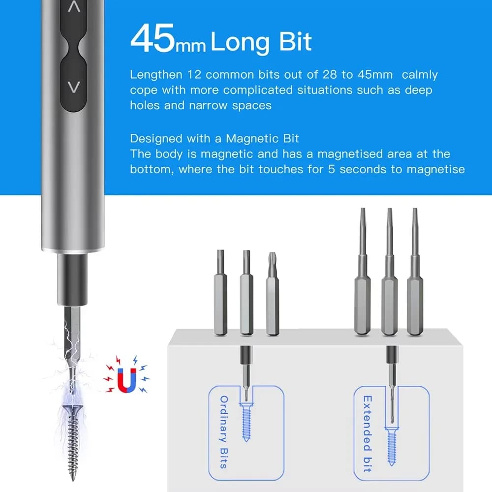 Kit de tournevis électrique de précision 62 en 1, sans fil, rechargeable, mini-outil électrique, embouts magnétiques sans fil, outil de réparation portable pour téléphone, ordinateur portable, PC, appareil photo, montre, bricolage, batterie au lithium 350 mAh, 200 tr/min, lumière LED, poignée en alliage d'aluminium, kit d'entretien électronique – photo 4