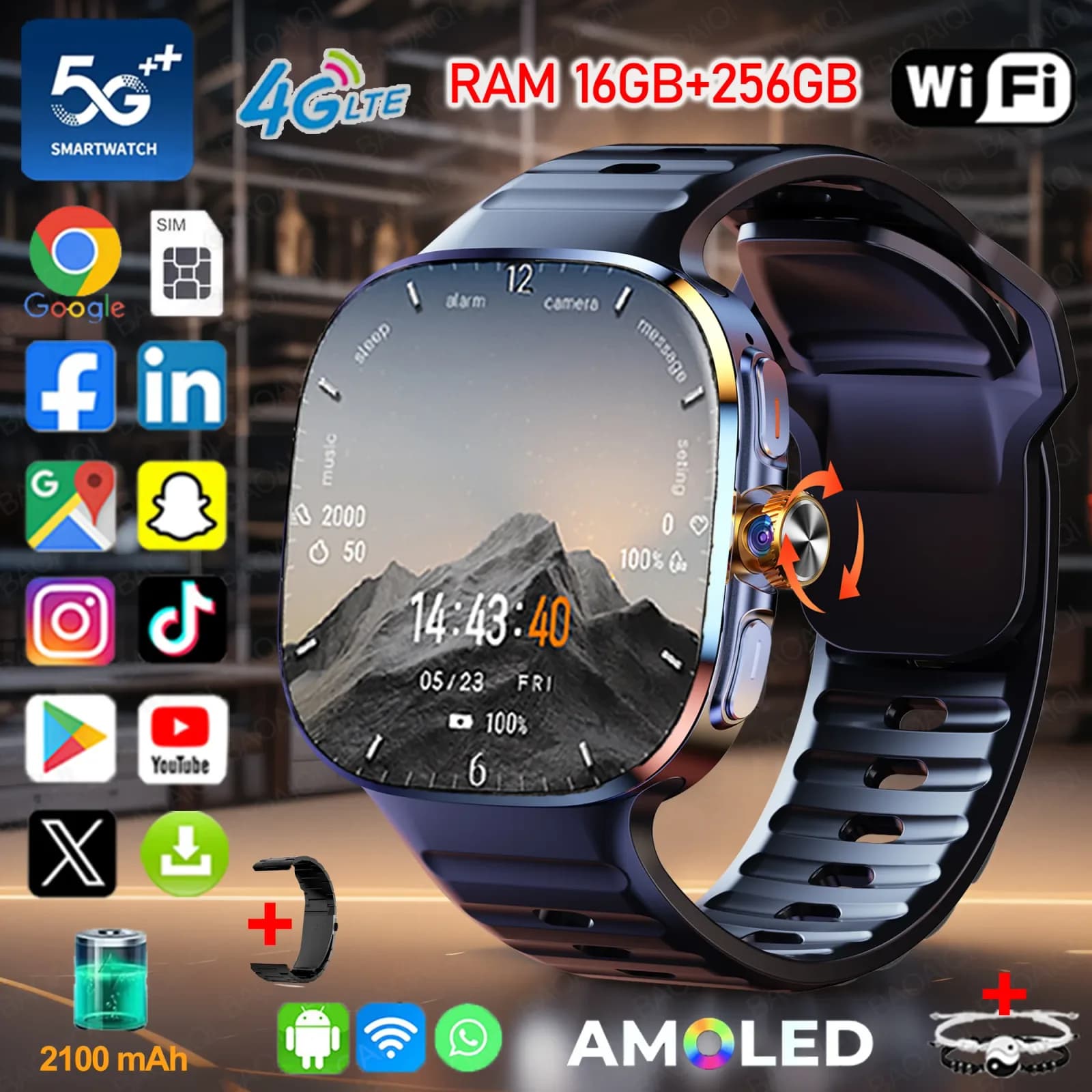 Montre connectée 4G/5G à écran plus grand de 2,40 pouces avec 190 °   Caméra rotative GPS Position WIFI Connect App Télécharger Android 10.0 Smart Watch