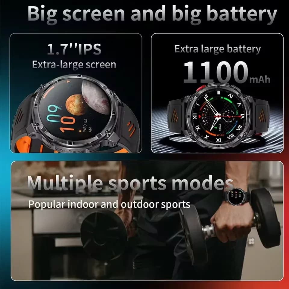 Nouvelle montre connectée T-Rex3 Pro 2026 avec batterie 1100 mAh, GPS, suivi d'activités sportives, étanchéité 5 ATM, boussole, pour activités de plein air et militaires – photo 2