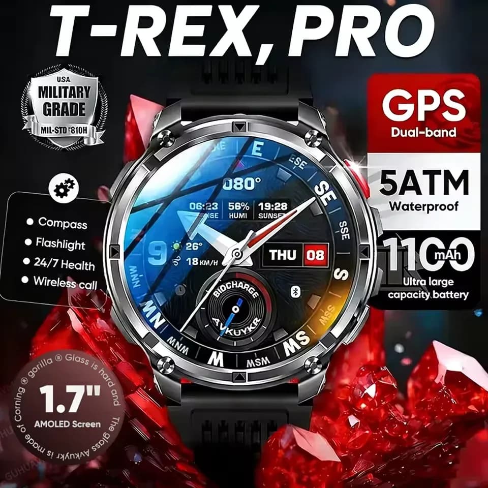Nouvelle montre connectée T-Rex3 Pro 2026 avec batterie 1100 mAh, GPS, suivi d'activités sportives, étanchéité 5 ATM, boussole, pour activités de plein air et militaires