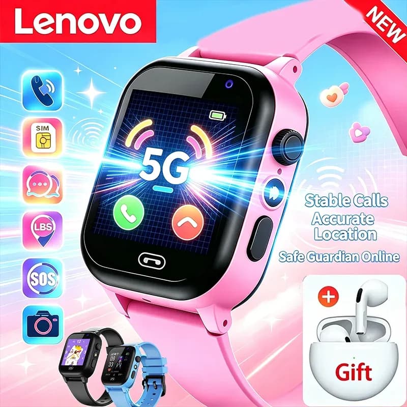 Montre connectée pour enfants Lenovo NEW 5G GPS avec caméra, appel SOS, étanche, prise en charge de la carte SIM, écouteurs, vidéo HD, reloj inteligente pour garçon
