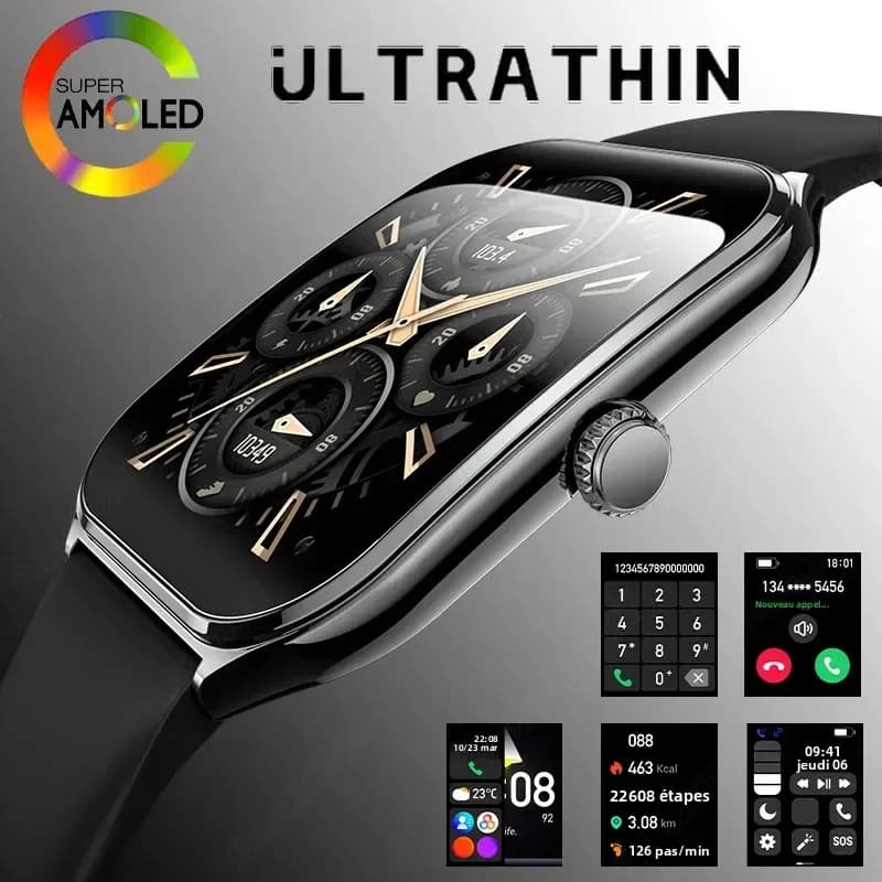 Nouvelle montre connectée ultra-fine pour hommes, écran AMOLED HD de 1,96 pouces, affichage permanent de l’heure, rappel d’appels Bluetooth, montre connectée pour femmes, compatible Android et iOS.