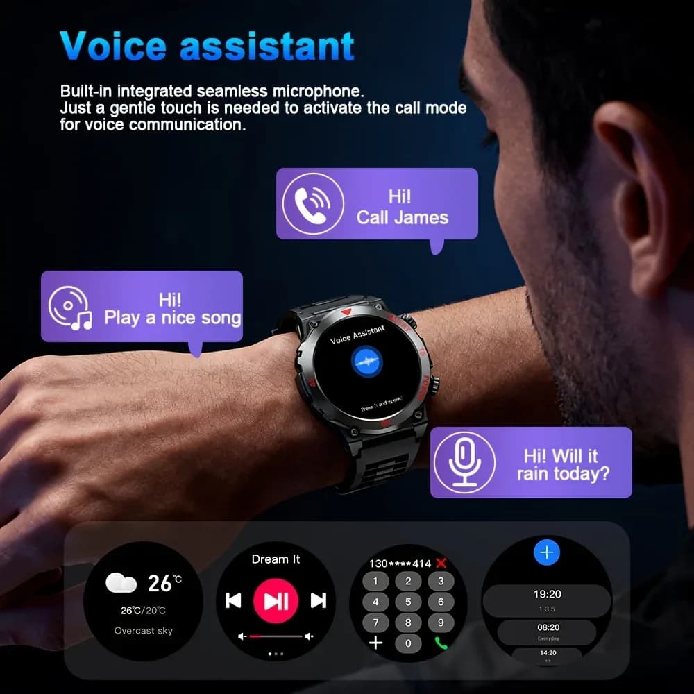 Montre connectée LAXASFIT avec écran rond HD de 1,52 pouces, lampe de poche, sports de plein air, appels Bluetooth, moniteur de fréquence cardiaque, charge magnétique – photo 2