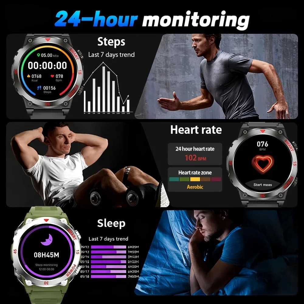 Montre connectée LAXASFIT avec écran rond HD de 1,52 pouces, lampe de poche, sports de plein air, appels Bluetooth, moniteur de fréquence cardiaque, charge magnétique – photo 5