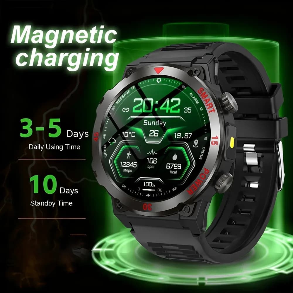 Montre connectée LAXASFIT avec écran rond HD de 1,52 pouces, lampe de poche, sports de plein air, appels Bluetooth, moniteur de fréquence cardiaque, charge magnétique – photo 6