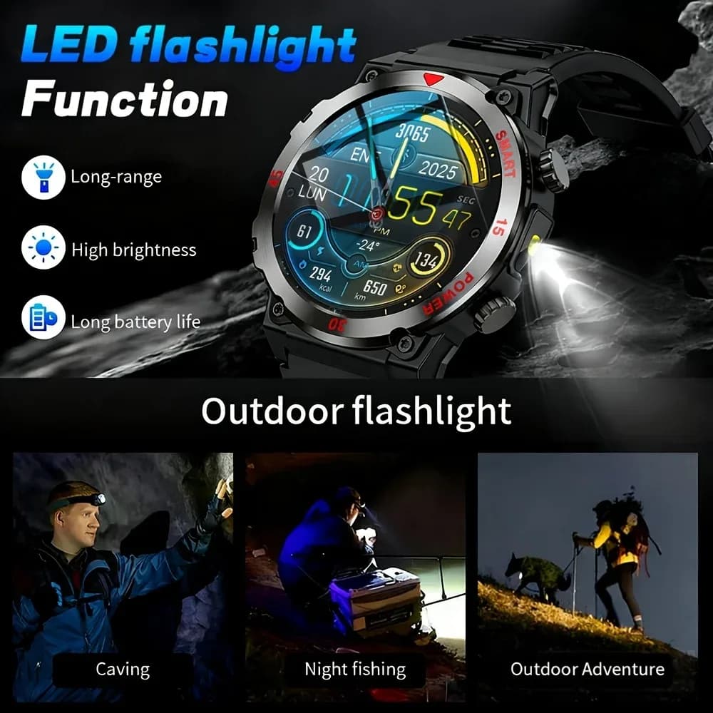 Montre connectée LAXASFIT avec écran rond HD de 1,52 pouces, lampe de poche, sports de plein air, appels Bluetooth, moniteur de fréquence cardiaque, charge magnétique – photo 4