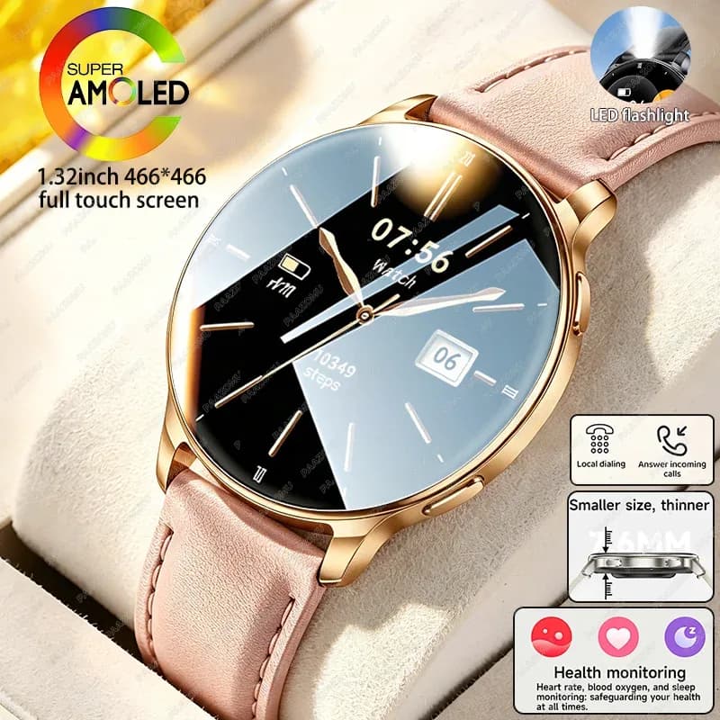Nouvelle montre connectée ultra-fine et durable pour femme 2026, écran AMOLED 1,32 pouces, sport, santé, fitness, lampe torche LED, appels Bluetooth