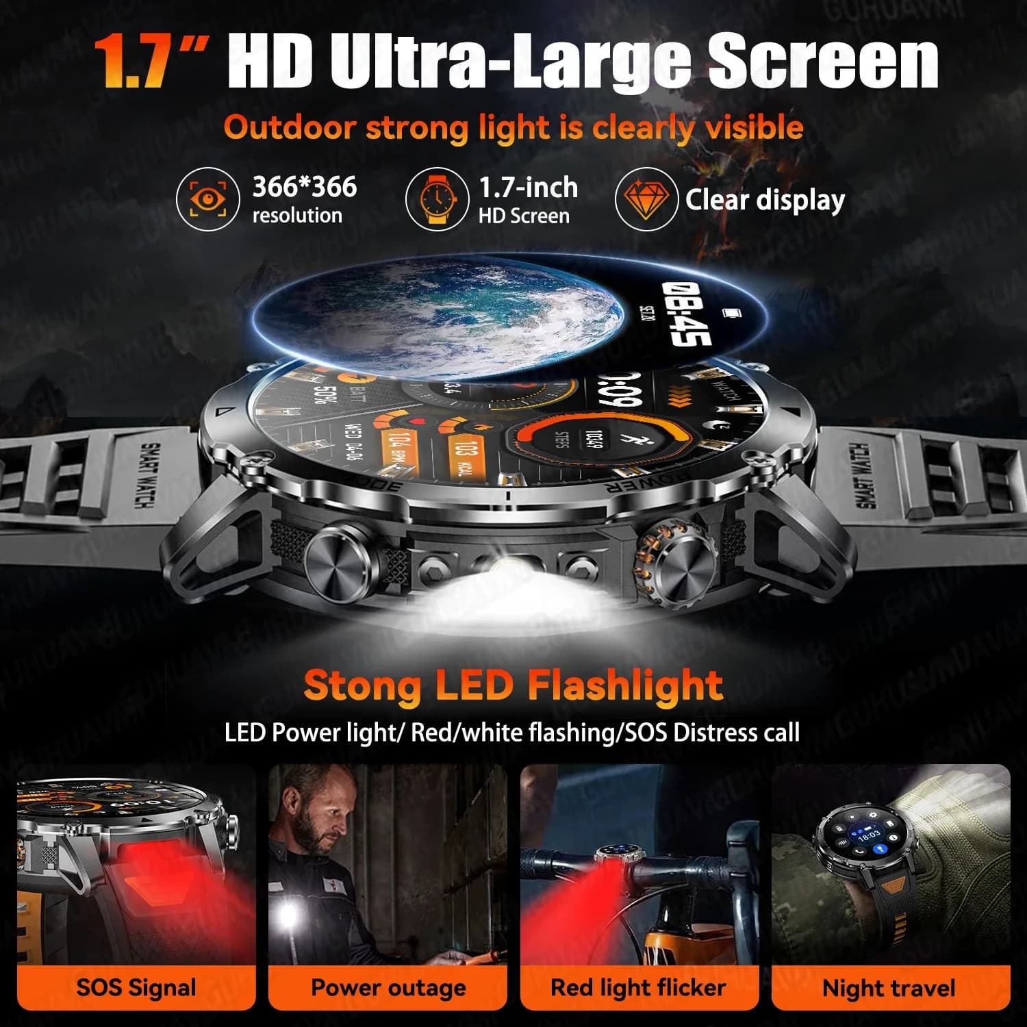 Nouvelle montre connectée militaire TANK Ultra 2026 avec batterie 1400 mAh, étanche 10 ATM, moniteur de fréquence cardiaque, lampe torche LED tactique, bracelet de sport pour homme – photo 6