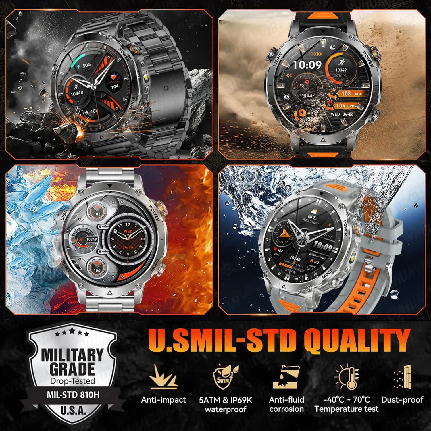 Nouvelle montre connectée militaire TANK Ultra 2026 avec batterie 1400 mAh, étanche 10 ATM, moniteur de fréquence cardiaque, lampe torche LED tactique, bracelet de sport pour homme – photo 5