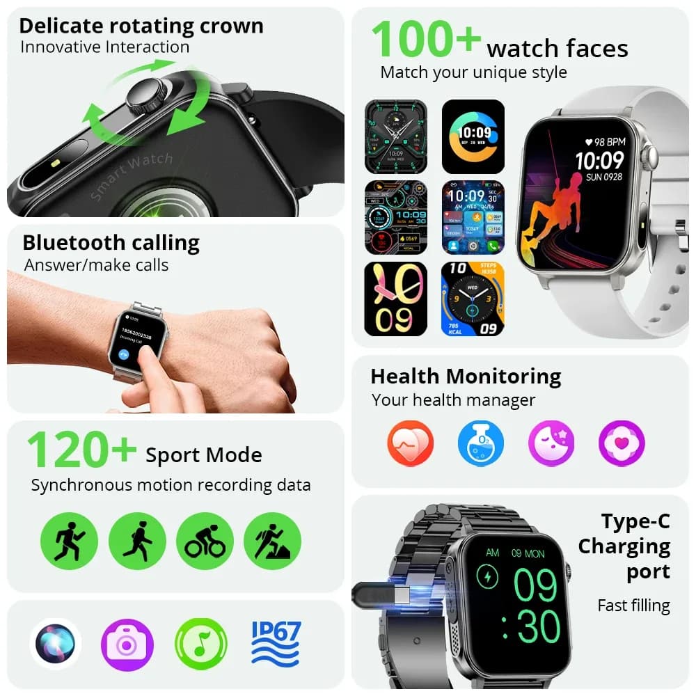 COLMI P80 type-c Smartwatch hommes femmes gestionnaire de santé Bluetooth appel IP67 étanche lampe de poche montre intelligente pour téléphone Xiaomi iOS – photo 3