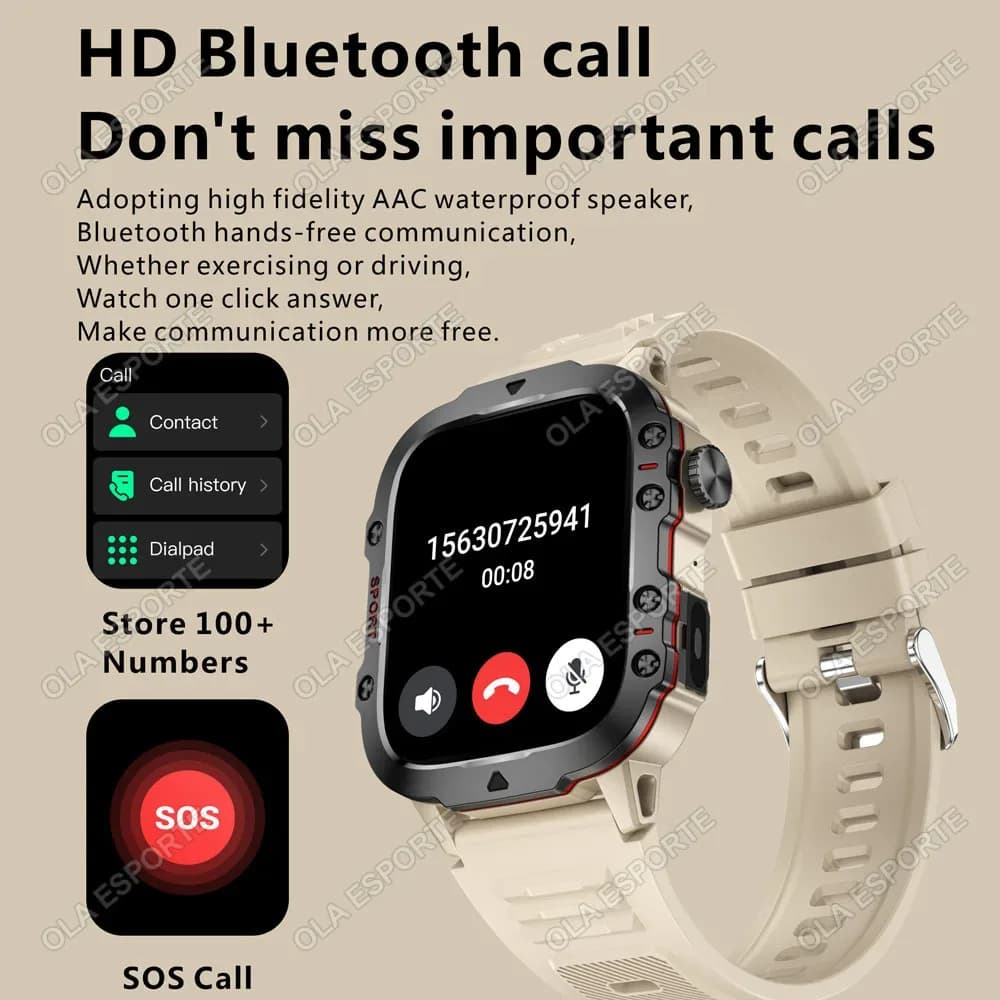Nouvelle montre intelligente militaire 2026 pour hommes, IP67 3ATM, tracker de forme physique pour sports de plein air, moniteur de pression artérielle, appels BT, montre intelligente GPS – photo 3