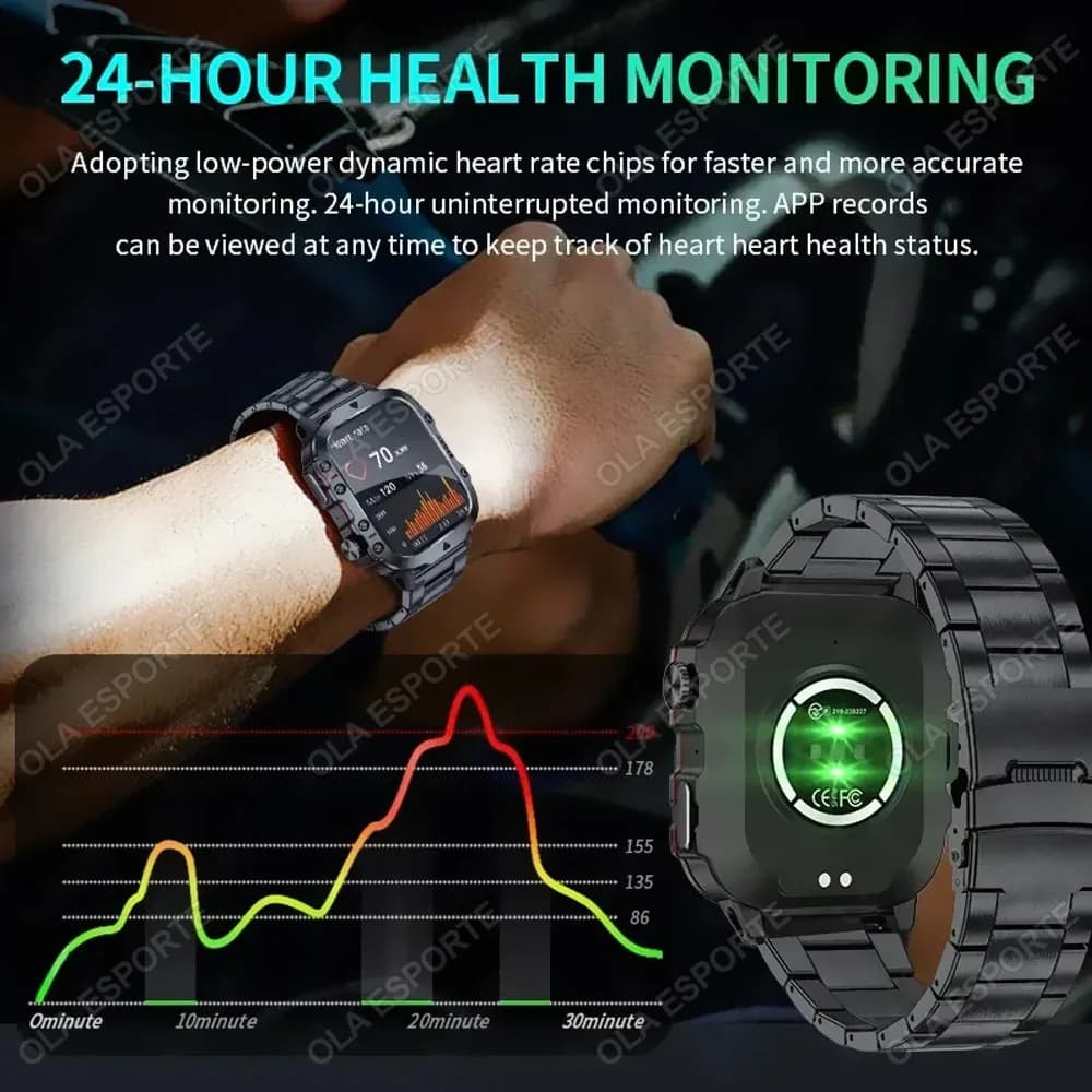 Nouvelle montre intelligente militaire 2026 pour hommes, IP67 3ATM, tracker de forme physique pour sports de plein air, moniteur de pression artérielle, appels BT, montre intelligente GPS – photo 4