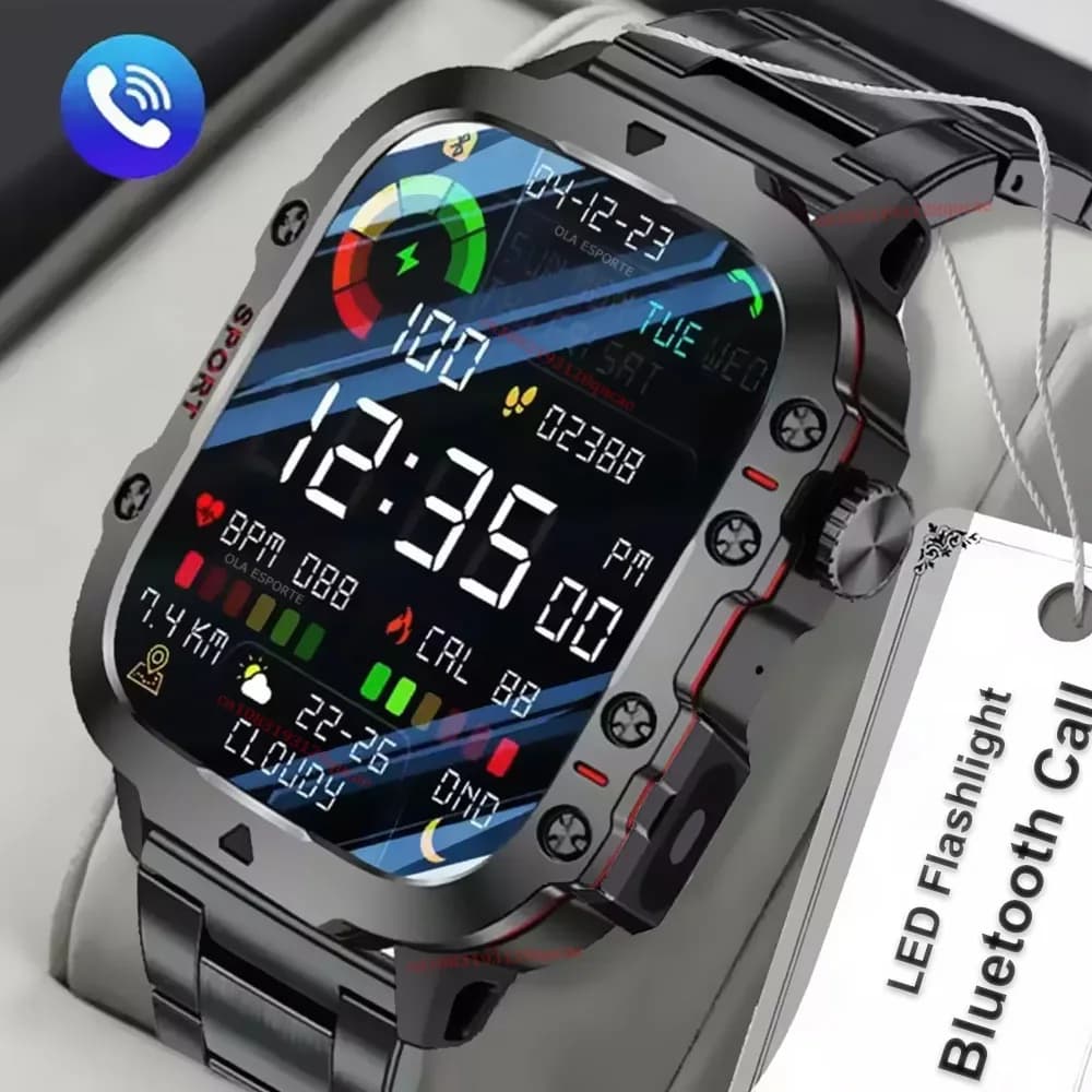 Nouvelle montre intelligente militaire 2026 pour hommes, IP67 3ATM, tracker de forme physique pour sports de plein air, moniteur de pression artérielle, appels BT, montre intelligente GPS