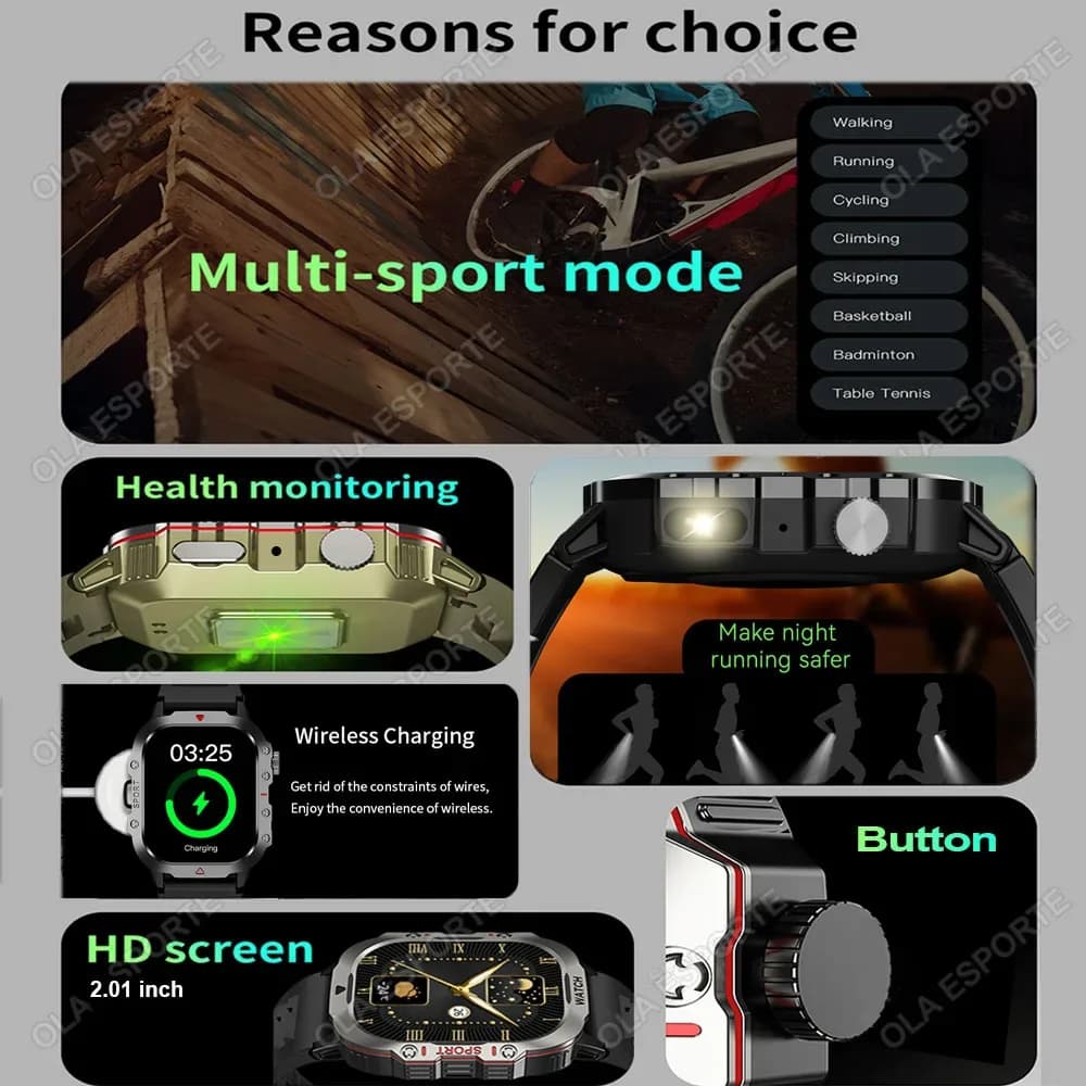 Nouvelle montre intelligente militaire 2026 pour hommes, IP67 3ATM, tracker de forme physique pour sports de plein air, moniteur de pression artérielle, appels BT, montre intelligente GPS – photo 2