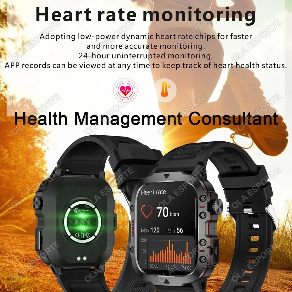 Nouvelle montre intelligente militaire 2026 pour hommes, IP67 3ATM, tracker de forme physique pour sports de plein air, moniteur de pression artérielle, appels BT, montre intelligente GPS – photo 5