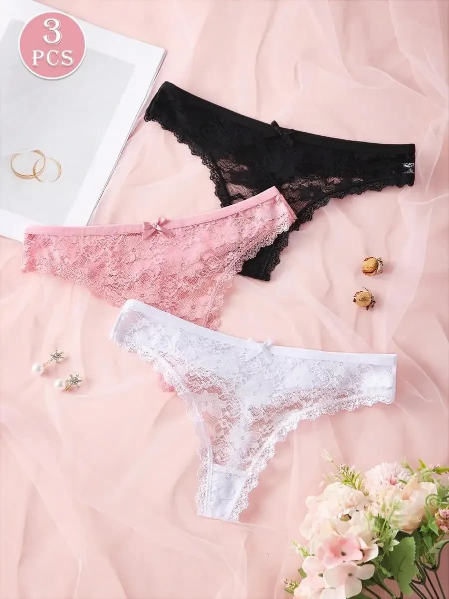 Lot de 3 Strings Sexy en Dentelle Transparente pour Femme, Culottes Florales Solides, Taille XS-XL, Lingerie Féminine – photo 2