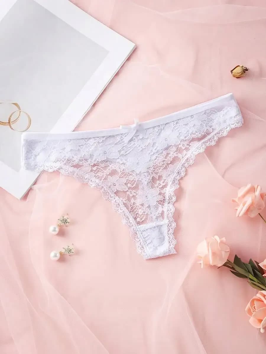 Lot de 3 Strings Sexy en Dentelle Transparente pour Femme, Culottes Florales Solides, Taille XS-XL, Lingerie Féminine – photo 5