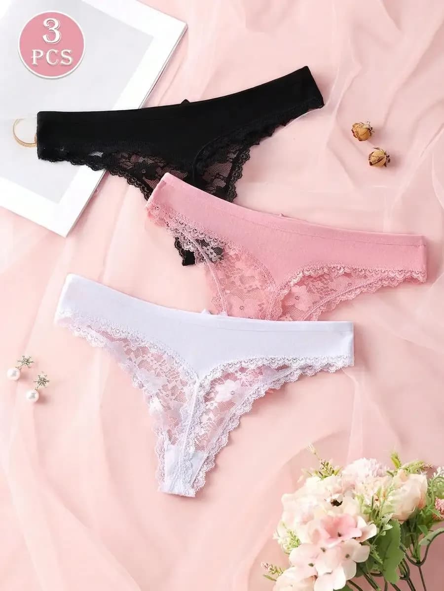 Lot de 3 Strings Sexy en Dentelle Transparente pour Femme, Culottes Florales Solides, Taille XS-XL, Lingerie Féminine – photo 3
