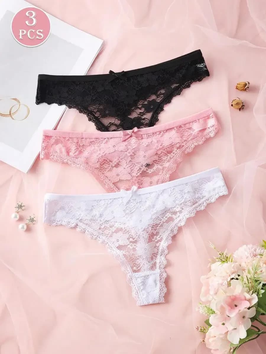 Lot de 3 Strings Sexy en Dentelle Transparente pour Femme, Culottes Florales Solides, Taille XS-XL, Lingerie Féminine