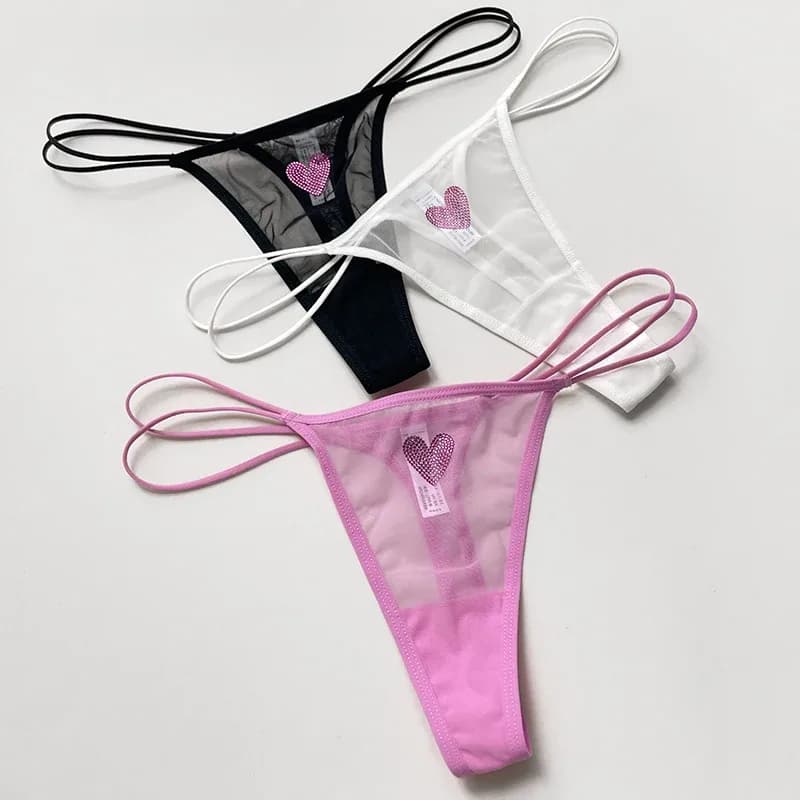 Culottes en dentelle et résille pour femmes, string sexy transparent avec strass en forme de cœur, lingerie pour filles, G-string, lingerie fitness, T-back – photo 5